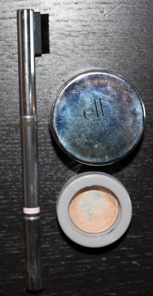 Clockwise from Left: Pur Minerals Wake Up Brow, ELF Mineral Blemish Powder, Pur Minerals Disappearing Act Concealer