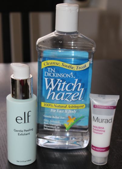 ELF Gentle Peeling Exfoliant, Dickinson's Witch Hazel, Murad AHA/BHA Exfoliating Cleanser